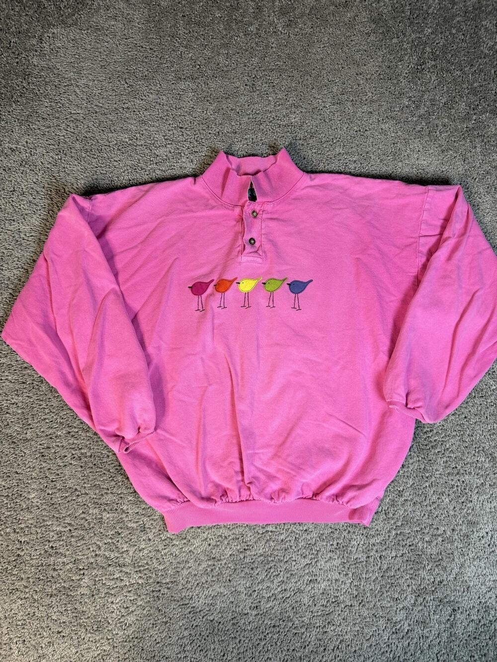 WEK Sweatshirt Womens S Pink Birds Henley Pullover Graphic Embroidered Button